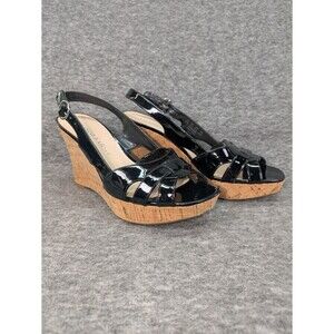 Franco Sarto Casey Black Patent Cork Wedge Sandals Women’s 6.5M